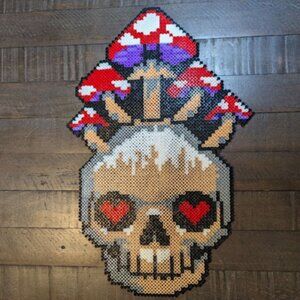 Handmade 'Enamored Fungi' Perler Bead Wall Art Mushroom Skull 11x17